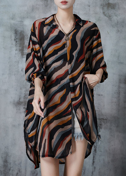 Brown Print Chiffon Long Shirt Tops Oversized Fall