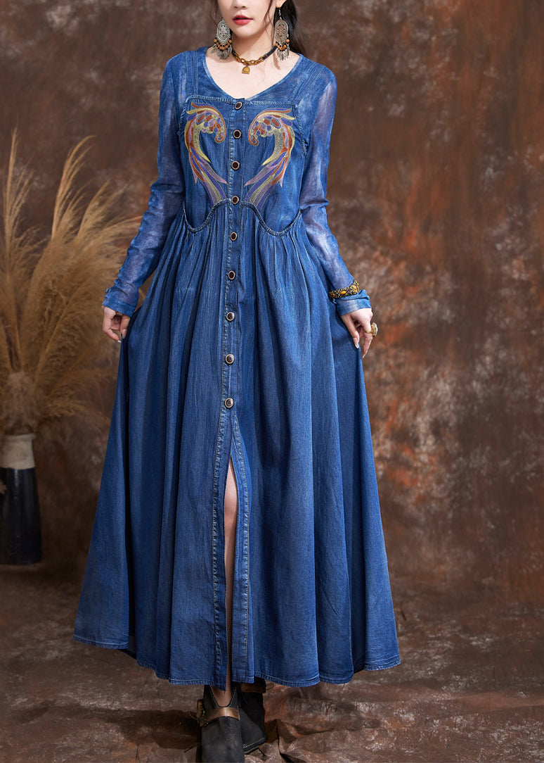 Navy O-neck Embroidered Button Robe Denim Dresses Spring