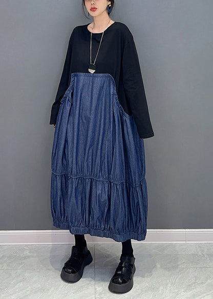 Colorblock Oversized Patchwork Wrinkled Denim Dress Spring