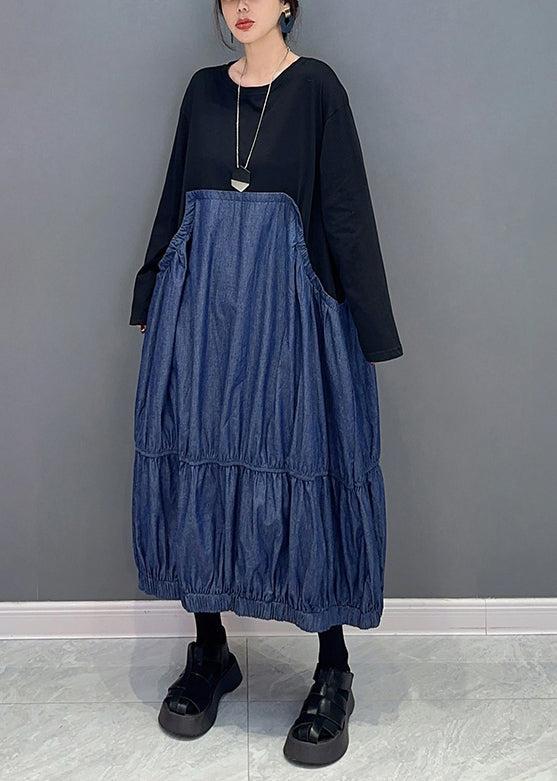 Colorblock Oversized Patchwork Wrinkled Denim Dress Spring