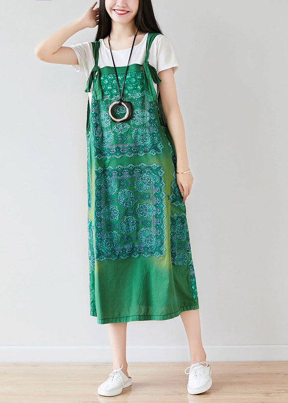 Green Oversized Print Cotton Strap Dress Spring