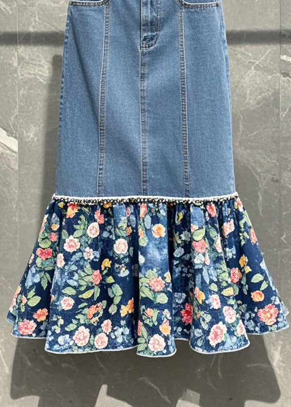 Blue Patchwork Print Denim Wraped Skirt Spring