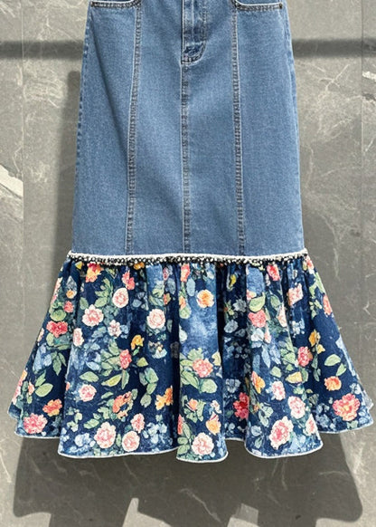 Blue Patchwork Print Denim Wraped Skirt Spring