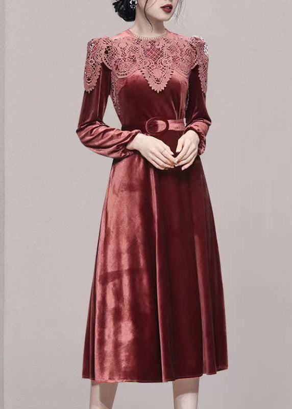 Brick Red Lace Tunic Patchwork Velour Long Dresses Fall