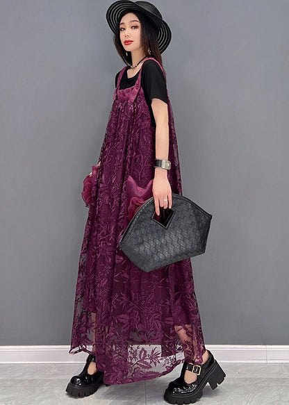 Boutique Purple Big Pockets Patchwork Lace Strap Long Dress Summer