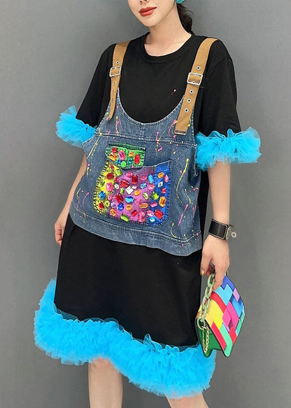 Unique Black Patchwork Blue O-neck Tulle Mid Dresses Summer