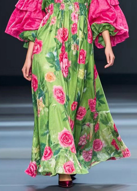 Fine Green Puff Sleeve Silk Velour Maxi Dresses Fall