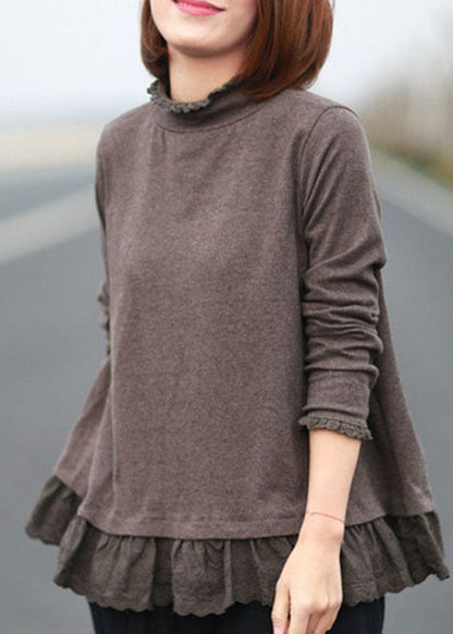 Chocolate Stand Collar Patchwork Ruffles Cotton Tops Spring