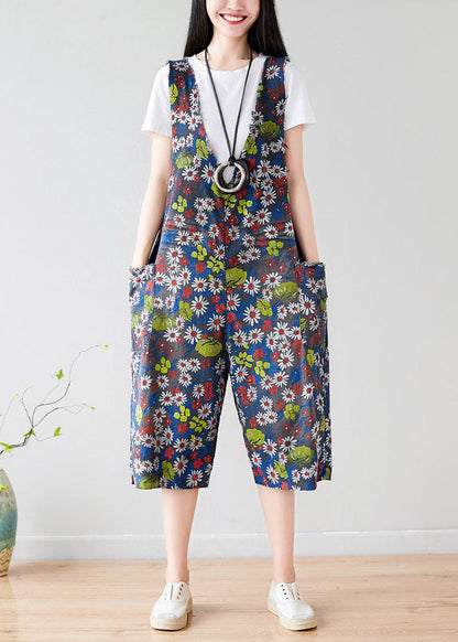 Dark Grey V Neck Print Pockets Cotton Overalls Jumpsuit Summer