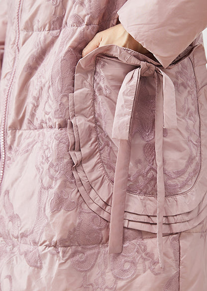Art Pink Embroideried Bow Thick Duck Down Puffers Jackets Winter