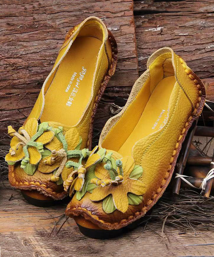 Retro Splicing Flats Yellow Faux Leather Soofairy Shoes-20251