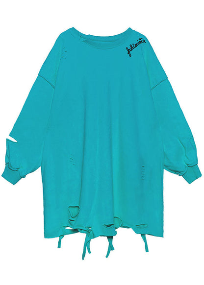 Simple Blue O-neck Loose Hole Fall Sweatshirt Street Wear