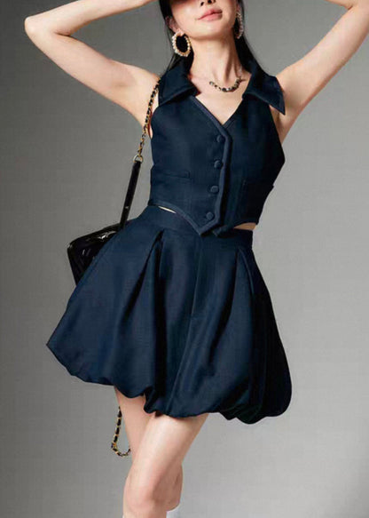French Navy Peter Pan Collar Button Tops and Skirts Linen Two Pieces Set Sleeveless