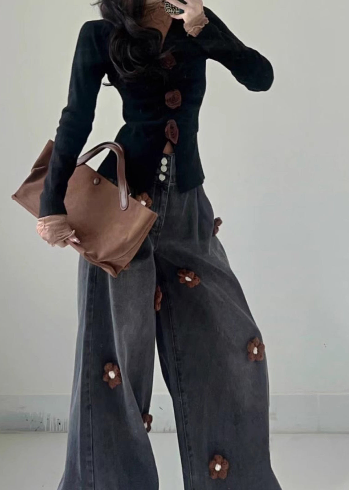 Fitted Light Blue Oversized Denim Wide Leg Pants Fall
