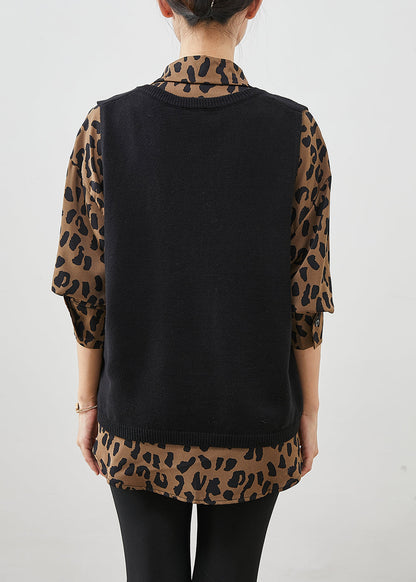 Natural Oversized Leopard Print Knit Vest and Shirt Two Pieces Set Winter