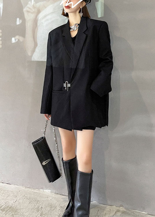 Style Black Notched Pockets Loose Fall Long Sleeve Coat