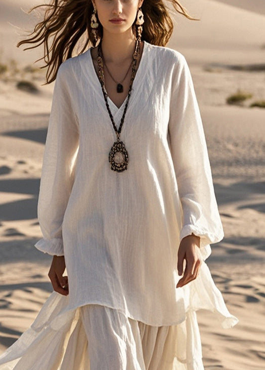 White Oversized Cotton Fake Two Piece Dresses Fall