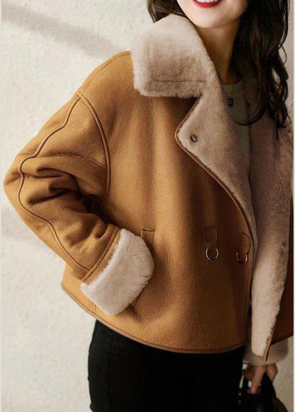 Camel Peter Pan Collar Pockets Warm Fleece Faux Suede Coat Long Sleeve