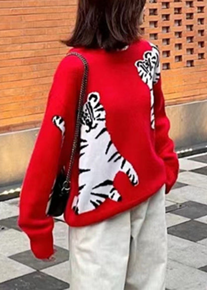 Handmade Red O-neck Cartoon Print Thick Woolen Sweaters Long Sleeve