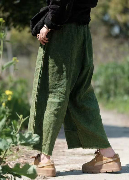 Green Pockets Elastic Waist Linen Crop Pants Summer