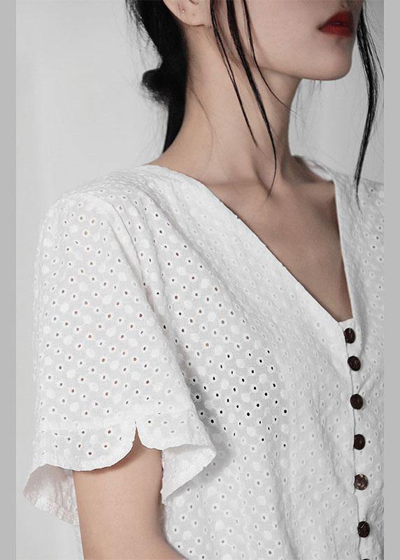 Diy White Hollow Out V Neck Button Cotton Shirt Top Summer