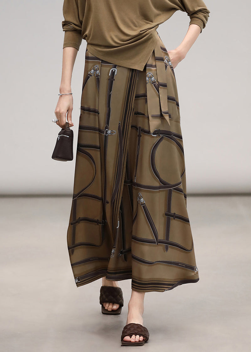 Loose Print Lace Up High Waist Silk Skirt Summer