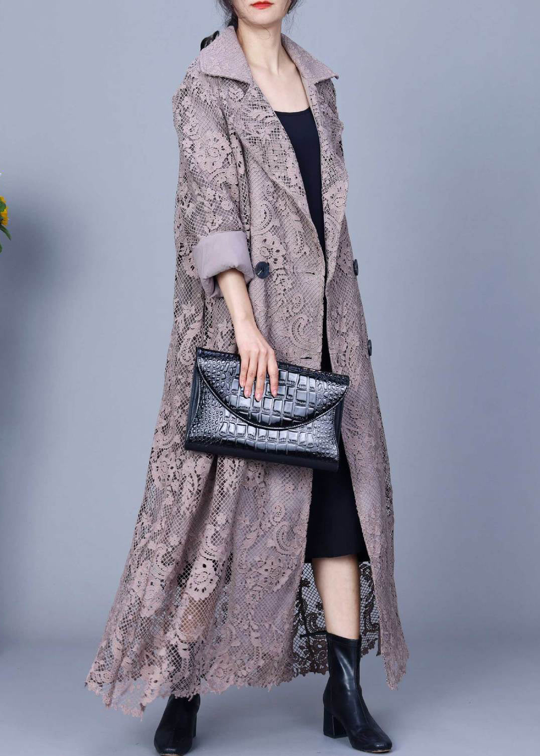 Loose Grey Notched Double Breast Lace Trench Coat Fall
