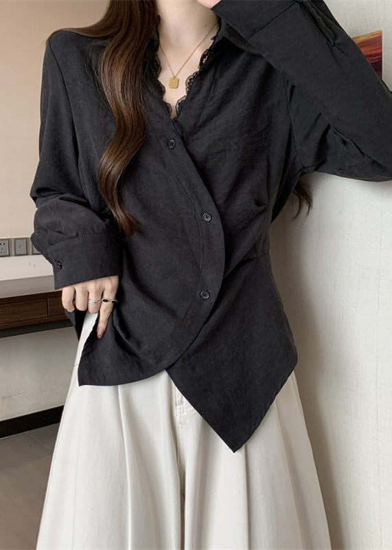 Black Asymmetrical Patchwork Silk Shirt Tops Fall