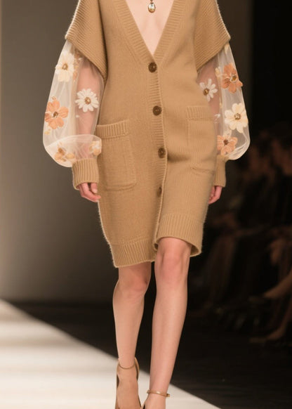 Khaki Pockets Tulle Patchwork Knit Cardigans Fall