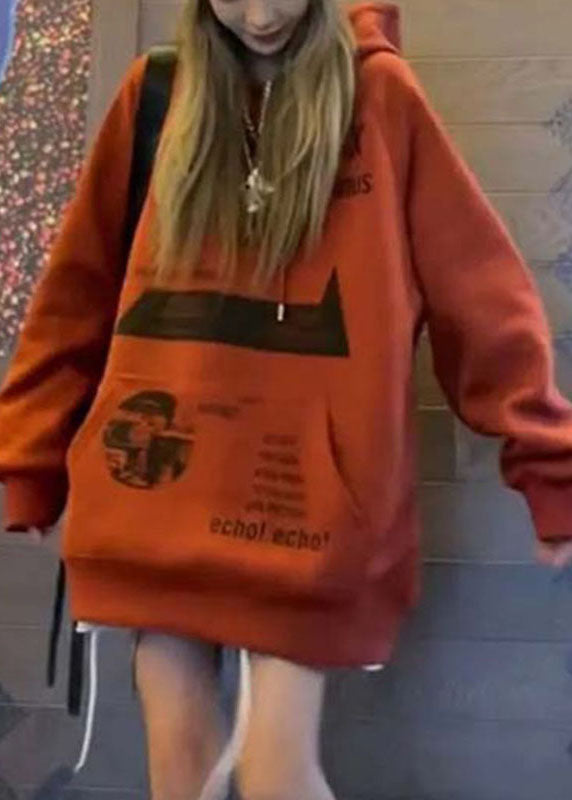 Art Brick Red Hooded Pockets Print Fall Sweatshirt Street Wear