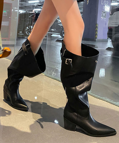 Splicing Chunky Boots Brown Cowhide Leather