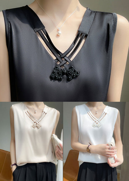 White Nail Bead Silk Tank V Neck Sleeveless