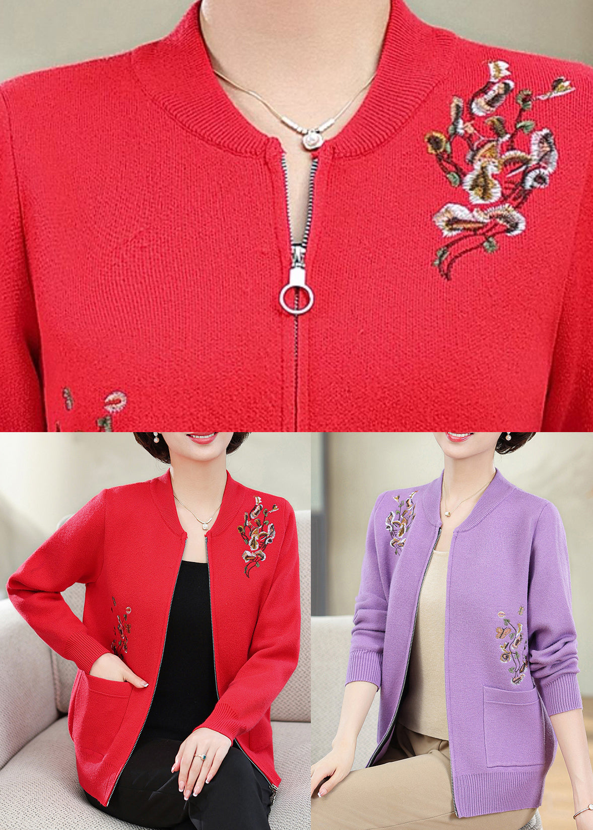 Purple Zippered Patchwork Cotton Knit Cardigans Fall