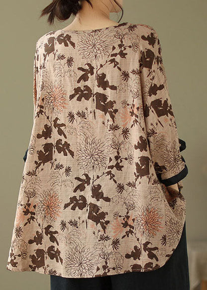 Coffee O Neck Print Patchwork Cotton Top Summer