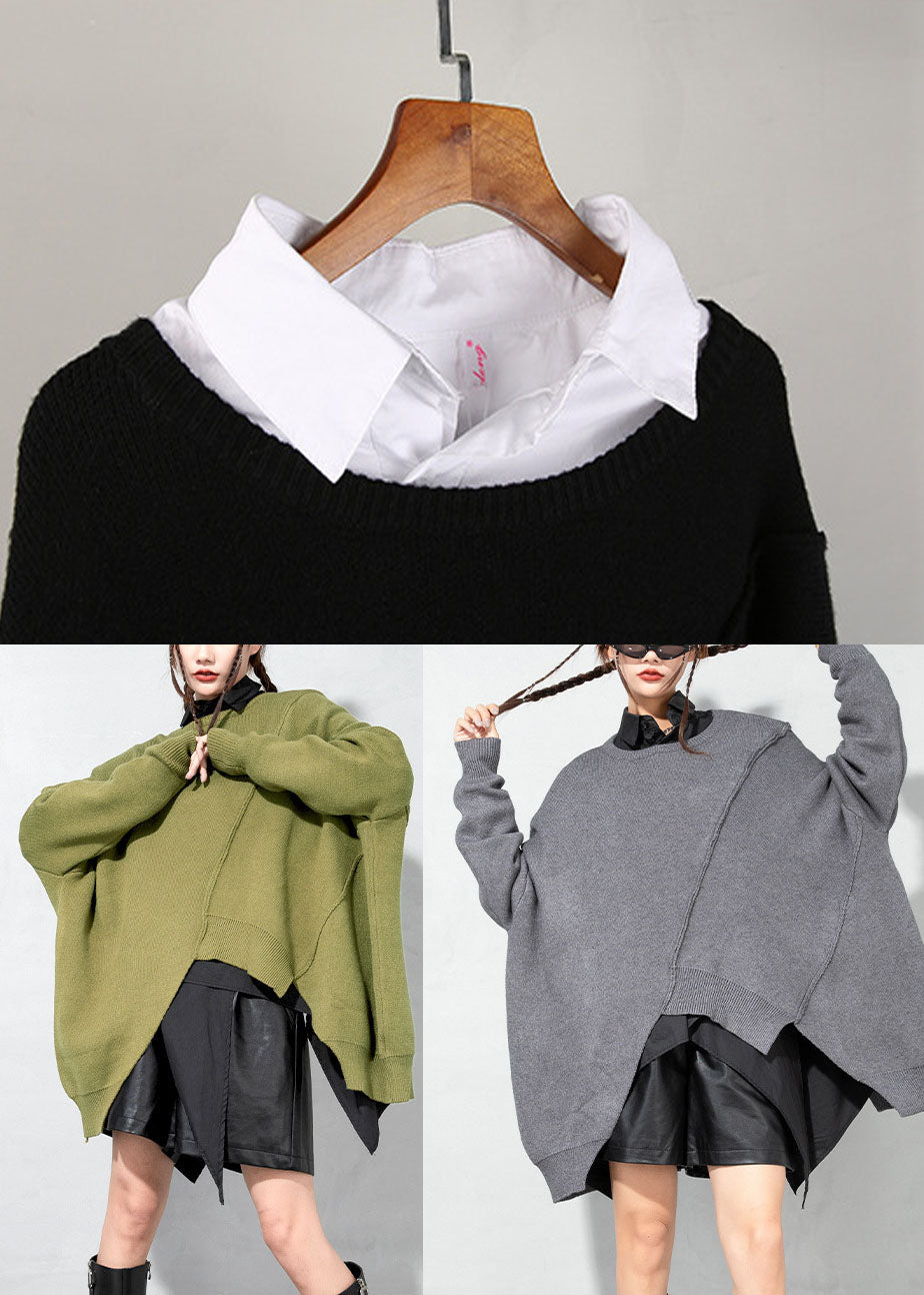 Green O-neck Patchwork Knit Sweaters Spring