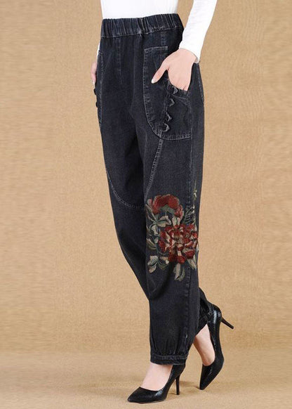 Black Grey Elastic Waist Embroideried Pockets Cotton Denim Lantern Pants Summer