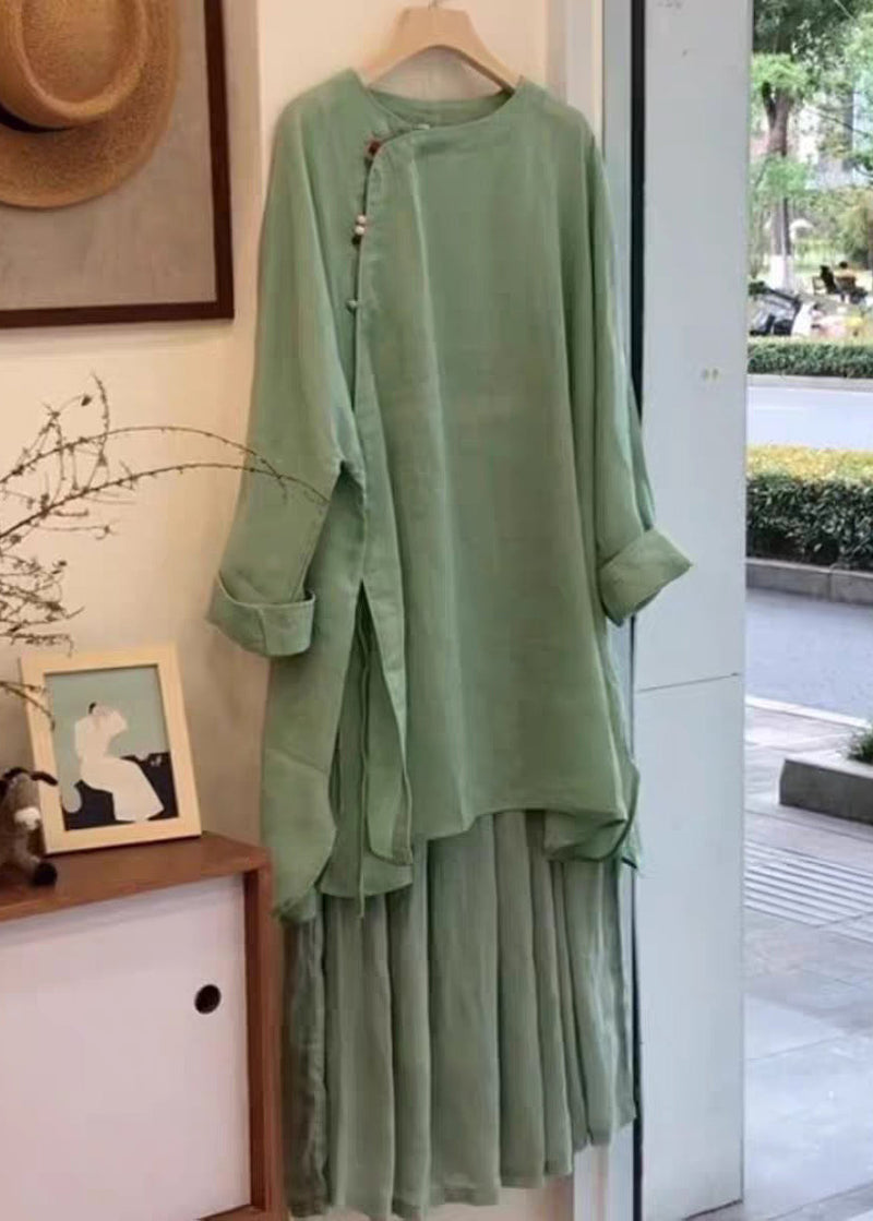 Green Button Side Open Blouses and Skirts Linen Two Pieces Set Fall