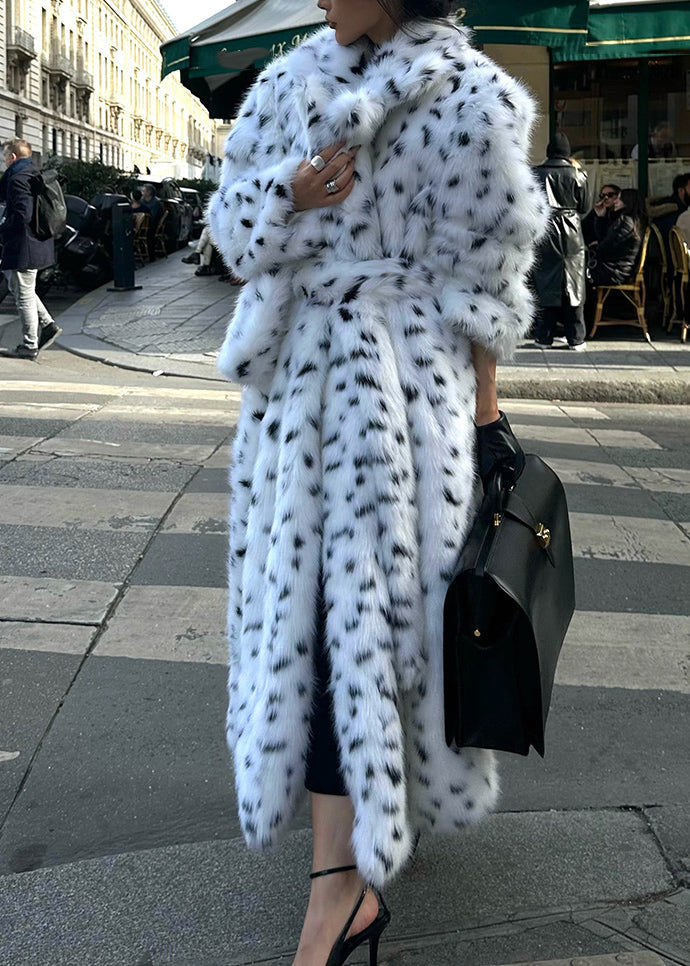 Classy White Peter Pan Collar Print Tie Waist Leather and Fur Long Coats Winter