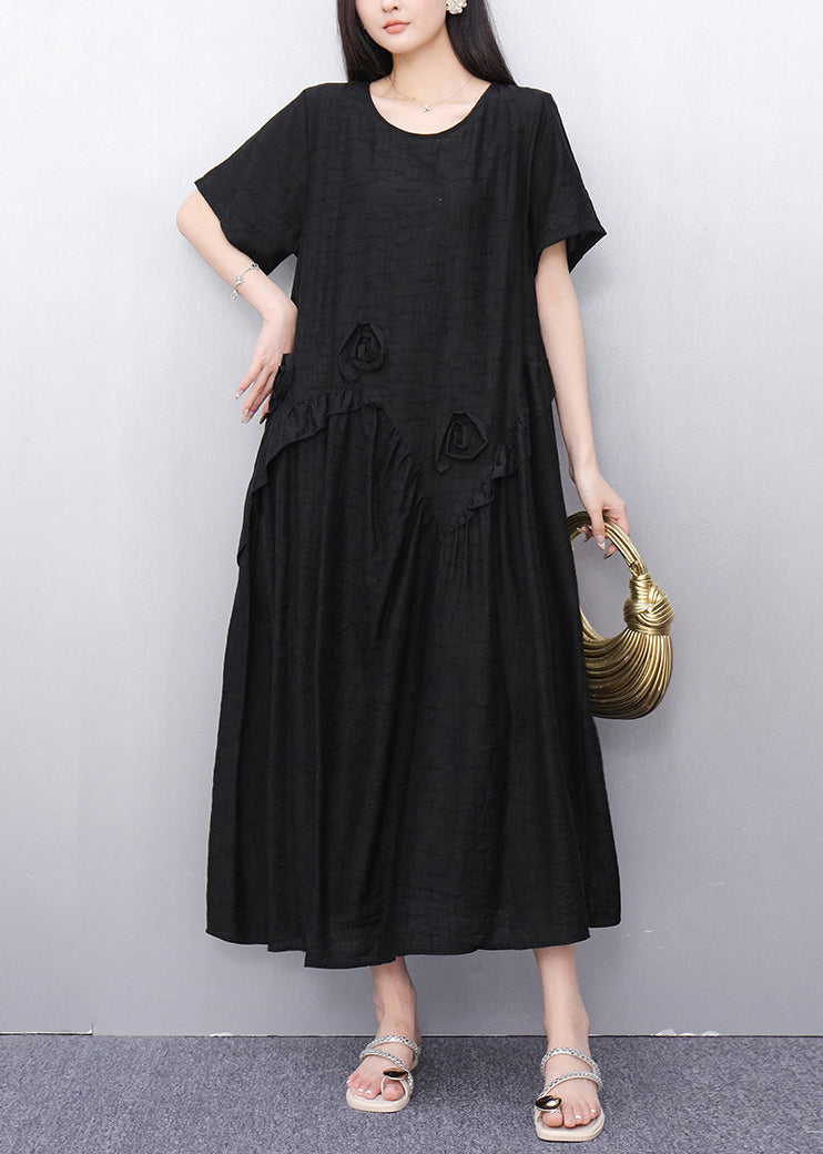 Black O-neck Cotton Long Dress Short Sleeve Summer