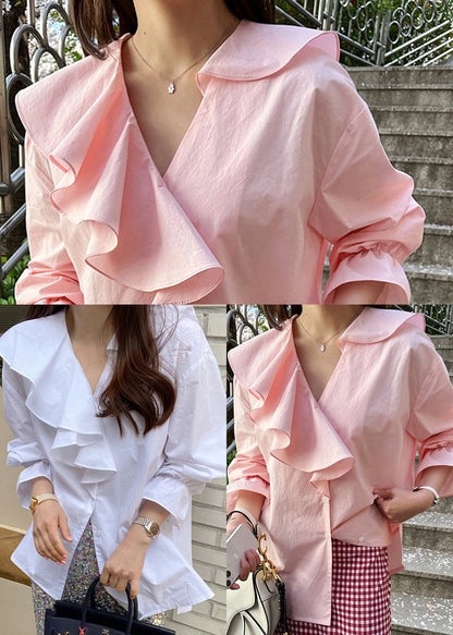 Fine Pink Asymmetrical Ruffles Cotton Shirt Tops Fall