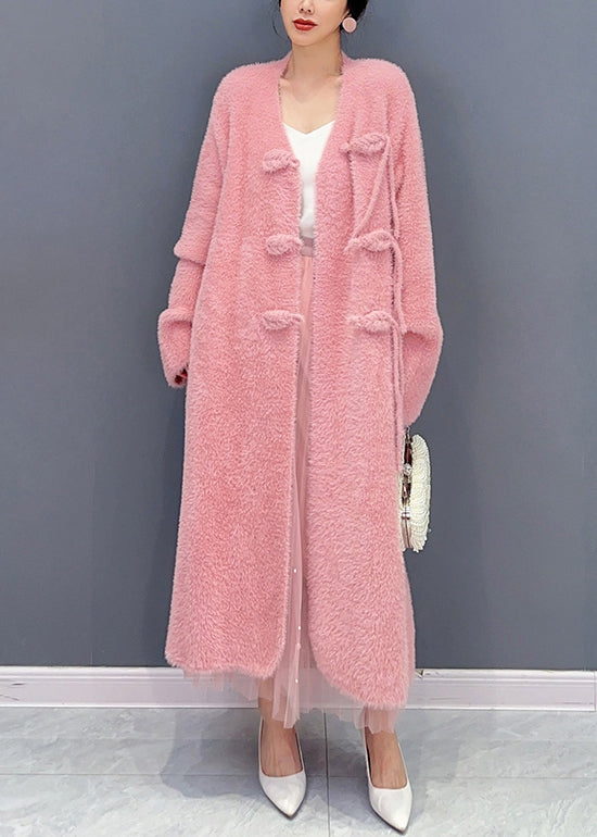 Pink V Neck Button Woolen Trench Coat Long Sleeve