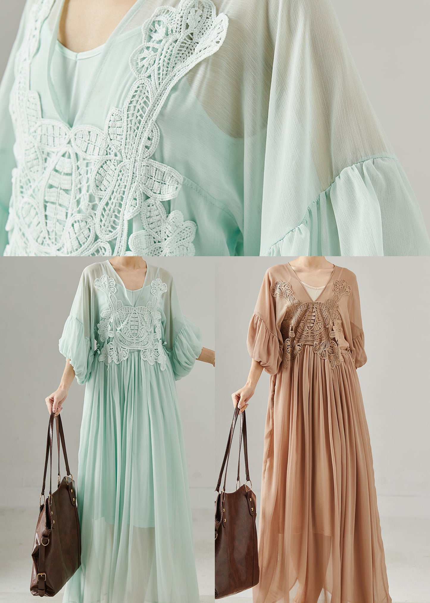 Green V Neck Patchwork Chiffon Long Dress Summer