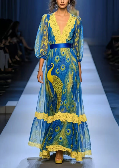 Peacock Blue Print Patchwork Lace Chiffon Dress Summer
