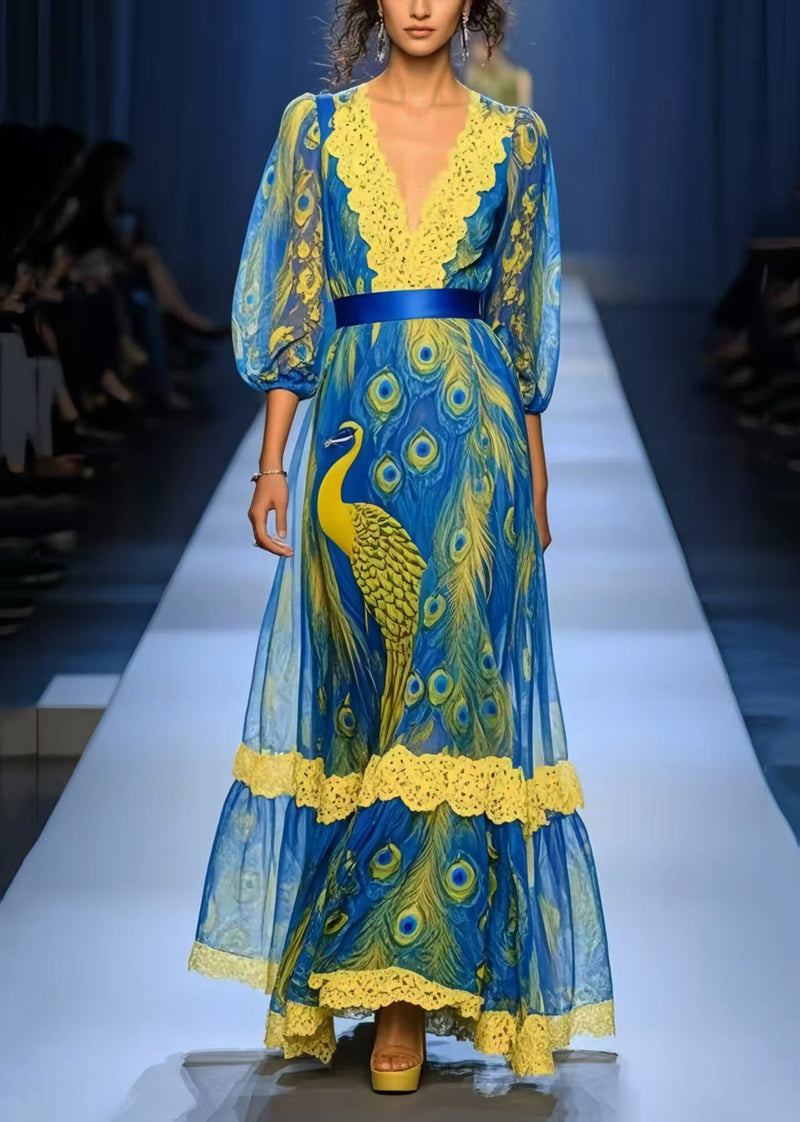 Peacock Blue Print Patchwork Lace Chiffon Dress Summer
