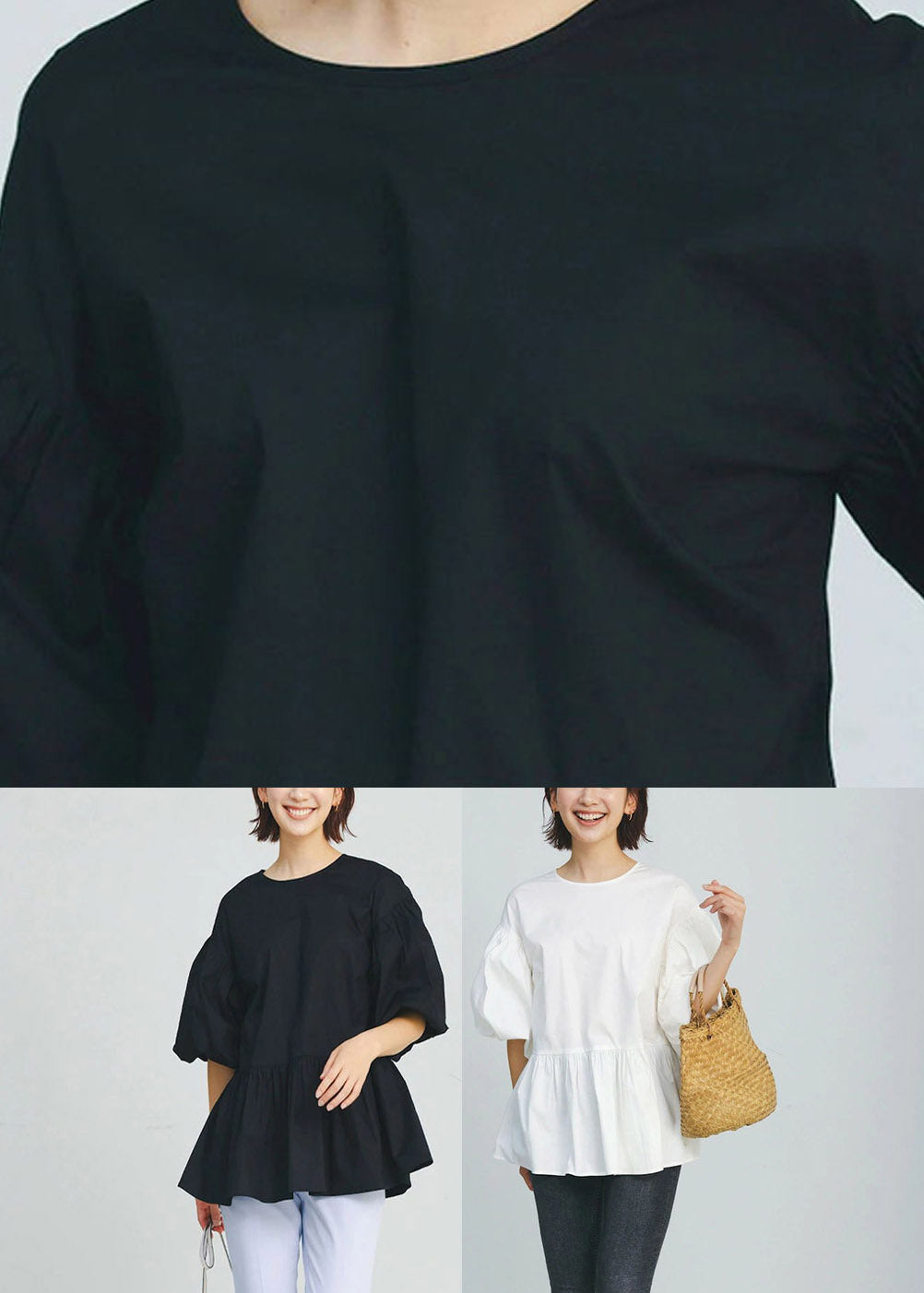 White O-neck Patchwork Cotton Shirt Puff Sleeve