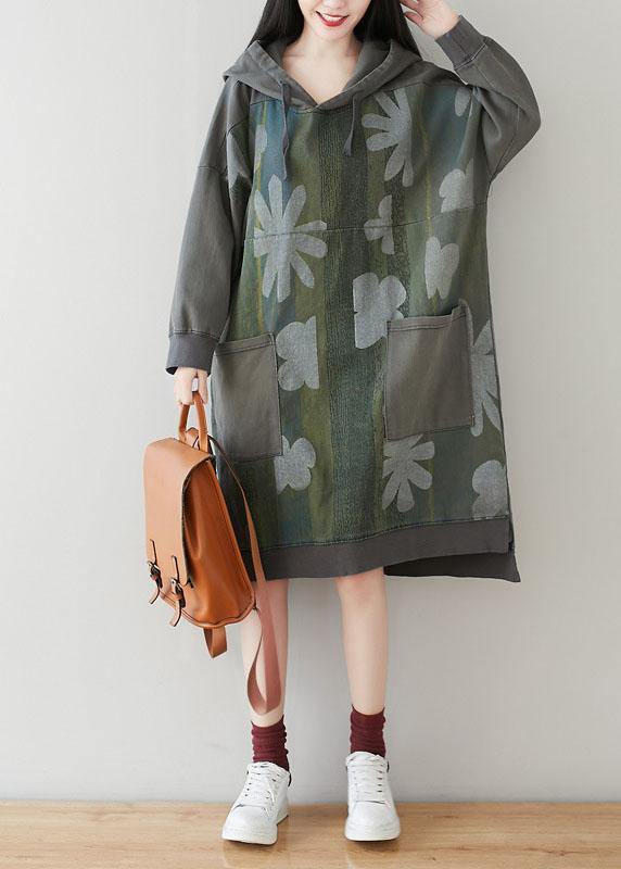 Unique Grey Hooded Pockets Patchwork Print Spring Sweatshirt Dress