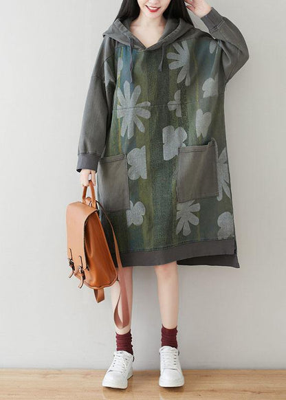 Unique Grey Hooded Pockets Patchwork Print Spring Sweatshirt Dress