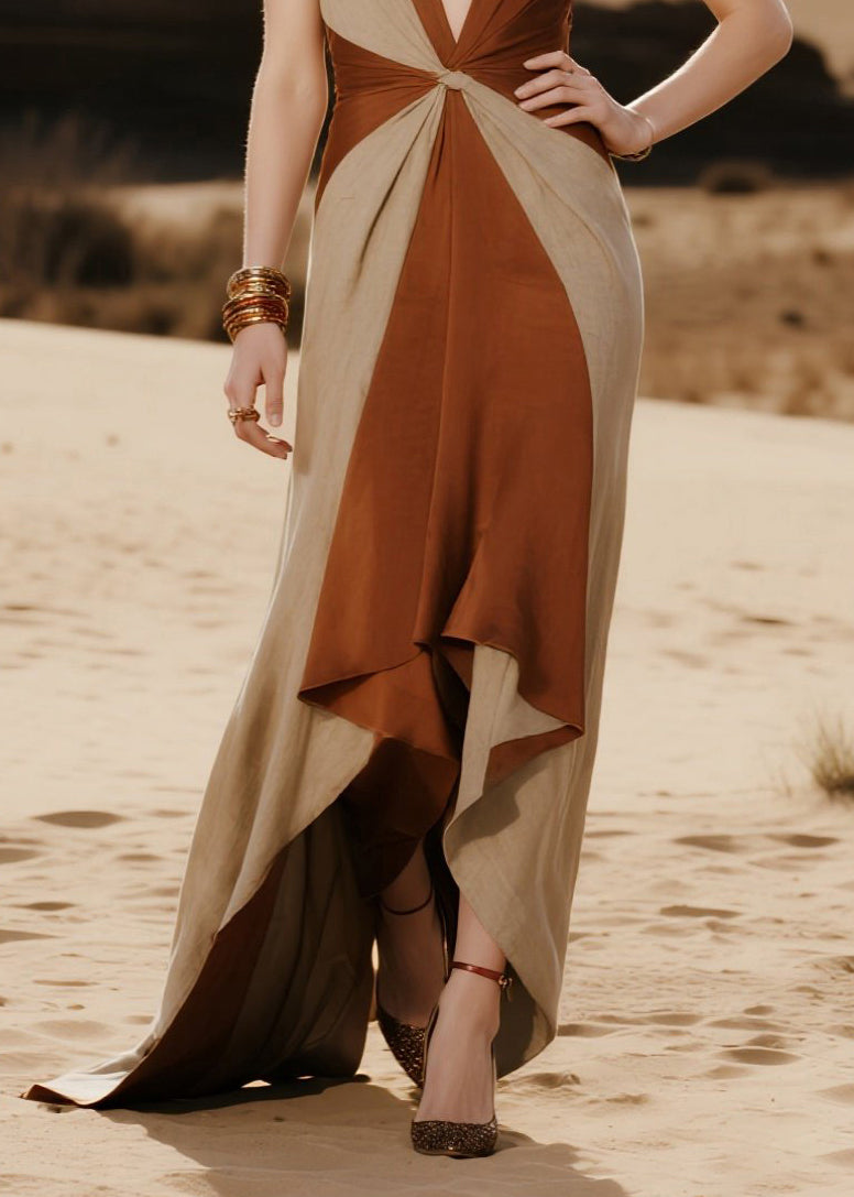 Brown Deep-v Neck Patchwork Cotton Vestidos Dresses Summer
