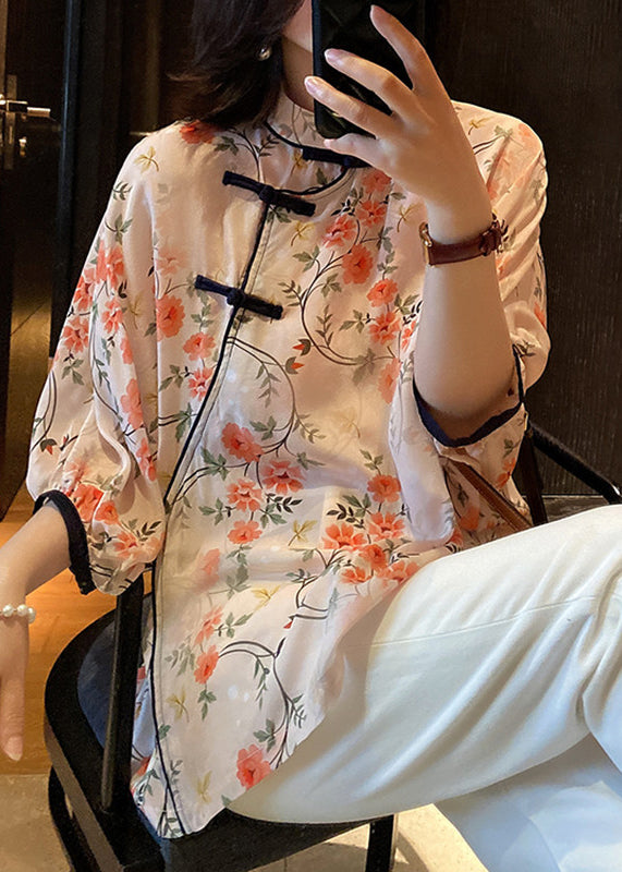 Pink Print Button Side Open Chiffon Shirt Bracelet Sleeve
