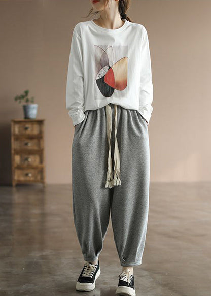 Classy White Oversized Print Cotton Pullover Fall